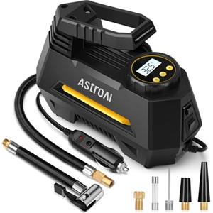 AstroAI Compressore Aria Portatile Digitale 12 Volt CC Mini Pompa Elettrica per Bicicletta e Moto,Compressore Portatile per Auto con Manometro e Luce LED,Cavo da 3M,Adattatori e Fusibile(Nero)