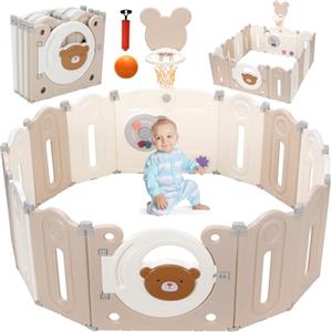 MAMIZO Box Bambini Pieghevole, Recinto per Bambini 143x143x64 cm, Box Neonato Forma Regolabile, con Canestro da Basket, Pallacanestro e Tavola per Giocattoli, Forte Ventosa sul Fondo, Materiale HDPE Atossico