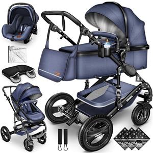 KIDUKU® 3 in 1 Passeggino Completo Trio | Passeggino Sistema Combinato con Navicella Ovetto Seggiolino Auto Coprigambe | Pneumatici in Gomma Dura Borsa Fasciatoio Tavolo per Bambini ECE R129