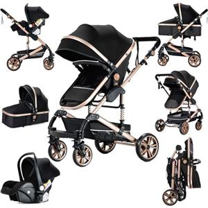 Prokoke Passeggino Trio, Passeggino 3 in 1 con Design Pieghevole in Un Clic, Trio Passeggino Neonati con Due Modi Reversibili per Spingere, Trio con Lega di Alluminio a Cornice (739 Black Gold)