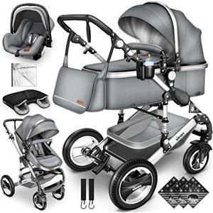 KIDUKU® 3 in 1 Passeggino Completo Trio | Passeggino Sistema Combinato con Navicella Ovetto Seggiolino Auto Coprigambe | Pneumatici in Gomma Dura Borsa Fasciatoio Tavolo per Bambini ECE R129