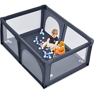 COSTWAY Box per Bambini, Centro Attività Portatile e Sicuro per Bambini, Box Colorato con Cancello, Recinto Extra per Interno ed Esterno con Rete Traspirante Durevole (Grigio scuro)