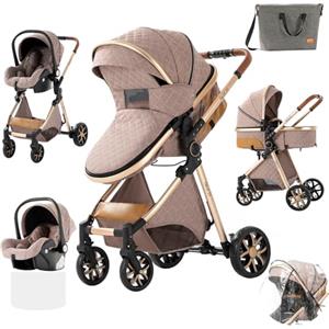 Prokoke Passeggino Trio, Trio Passeggino Neonati con Due Modi Reversibili per Spingere, Passeggino 3 in 1 con Una Lega di Alluminio a Cornice, Trio con Design Pieghevole in Un Clic (225 Khaki-1)