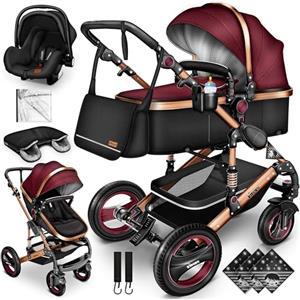 KIDUKU® 3 in 1 Passeggino Completo Trio | Passeggino Sistema Combinato con Navicella Ovetto Seggiolino Auto Coprigambe | Pneumatici in Gomma Dura Borsa Fasciatoio Tavolo per Bambini ECE R129