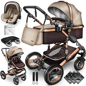 KIDUKU® 3 in 1 Passeggino Completo Trio | Passeggino Sistema Combinato con Navicella Ovetto Seggiolino Auto Coprigambe | Pneumatici in Gomma Dura Borsa Fasciatoio Tavolo per Bambini ECE R129