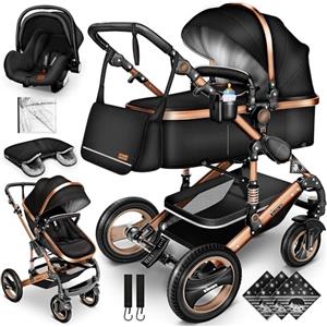 KIDUKU® 3 in 1 Passeggino Completo Trio | Passeggino Sistema Combinato con Navicella Ovetto Seggiolino Auto Coprigambe | Pneumatici in Gomma Dura Borsa Fasciatoio Tavolo per Bambini ECE R129