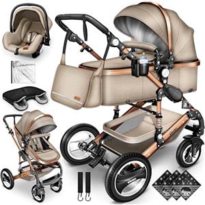 KIDUKU® 3 in 1 Passeggino Completo Trio | Passeggino Sistema Combinato con Navicella Ovetto Seggiolino Auto Coprigambe | Pneumatici in Gomma Dura Borsa Fasciatoio Tavolo per Bambini ECE R129