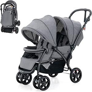 COSTWAY Passeggino Doppio Pieghevole per Bambini, Passeggino Gemellare Pieghevole, con Seduta in Tandem e Tettuccio, Schienale Regolabile, Ruote Bloccabili e Antiurto, Portata Totale 30 kg (Grigio)