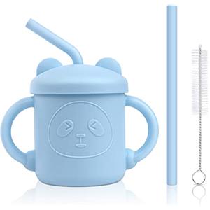 Vicloon Tazza con Cannuccia per Bambini, 150ml Bicchiere per Bambini in Silicone con 2 Manici e 1 Sostituisci Le Cannucce, Progettato per L'alimentazione del Bambino, Lavabili in Lavastoviglie