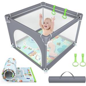 VANCLE Box Bambini con Materasso Morbido, 90x90x68cm, Recinto Bambini con Tappeto Base, Box Neonato Stabile Griglia (Grigio Elegante)