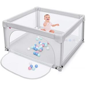 COSTWAY Box per Bambini, Centro Attività Portatile con Cancelli di Sicurezza, con Ventose Antiscivolo, Pareti a Rete Traspirante e 2 Anelli per Bambini, Cancello per Giocare con Palline (Grigio)