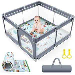 VANCLE Box Bambini con Materasso Morbido, 127x127x68cm, Recinto Bambini con Tappeto Base, Box Neonato Stabile Griglia (Grigio Elegante)