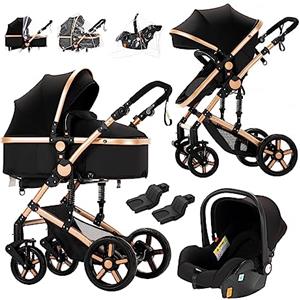 Prokoke Passeggino Trio, Passeggino 3 in 1 con Una Lega di Alluminio a Cornice, Trio Passeggino Neonati con Design Pieghevole in Un Clic, Trio con Due Modi Reversibili per Spingere (588 Black Gold)