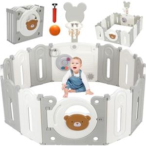 MAMIZO Box Bambini Pieghevole, Recinto per Bambini 143x143x64 cm, Box Neonato Forma Regolabile, con Canestro da Basket, Pallacanestro e Tavola per Giocattoli, Forte Ventosa sul Fondo, Materiale HDPE Atossico