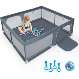 COSTWAY Recinto da Gioco per Bambini, Box per Bambini con Rete Traspirante, Centro Attività per Bambini con 50 Palline, per Interno ed Esterno, 200 x 180 x 68 cm (Grigio)