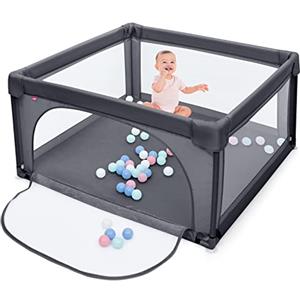 COSTWAY Box per Bambini, Centro Attività Portatile con Cancelli di Sicurezza, Recinto Resistente con Ventose Antiscivolo e Pareti a Rete Traspirante, Cancello per Giocare con 50 Palline (Grigio Scuro)