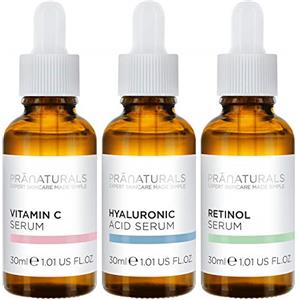 PraNaturals Skin Perfector Kit 3x30ml - Acido ialuronico, retinolo e vitamina C - Siero viso per trattamento anti-età, Elimina rughe e linee sottili, Arricchito con oli naturali e vitamine