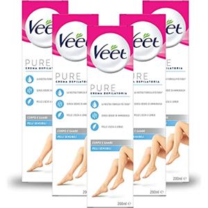 VEET x5 Veet Crema Depilatoria Pure Pelli Sensibili, per Gambe, Braccia, Ascelle e Zona Bikini, 200 ml, 5 Confezioni, Maxi formato