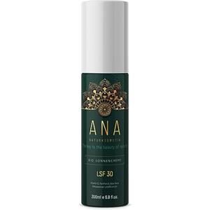 ANA Naturkosmetik Lozione solare LFS 30, unica crema solare idratante a base di succo diretto di aloe vera e olio di jojoba, filtro UV organico, 200 ml, made in Germany