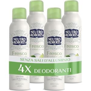 Neutro Roberts, Deodorante Spray Fresco Verde, Té Verde e Lime, Zero Sali di Alluminio, Zero Macchie, con Puro Olio di Glicerina, Deo Uomo e Donna, Dermatologicamente Testato, 48h - 4 Pezzi da 150 ml