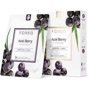 FOREO Acai Berry, maschera anti-età in tessuto per pelle secca, confezione da 3, levigante, rimpolpante, idratante, bacche di acai e burro di karité, naturale e cruelty free, per dispositivi UFO