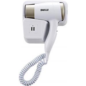 Bakaji Asciugacapelli da Parete Muro Phon Asciuga Capelli Bagno Potenza 1300W Temperatura Regolabile Ingresso USB Ricarica Smartphone 22x18x6cm Colore Bianco Platino per Casa Hotel