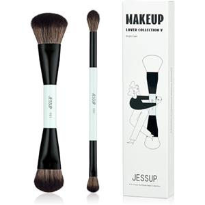 Jessup pennelli trucco, 2pz pennelli make up, 4-in-2 Duo-End collezione di pennelli, pennello per fondotinta, contorno, evidenziatore, ombretto, ciano brillante T502