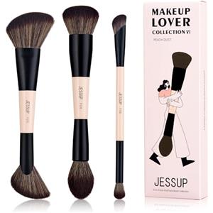 Jessup Pennelli trucco viso Set pennelli make up doppia estremità 6 in 3 per fondotinta contorno fard illuminante e cipria pennelli per il trucco sintetici di alta qualità Peach Dust T508