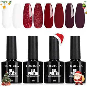 TOMICCA Smalti Semipermanenti Unghie Red White Set, 4 Colori di Smalto Gel Unghie rosso glitterato a immersione UV/LED set regalo di Natale per il salone delle unghie e il fai da te a casa, 8ml