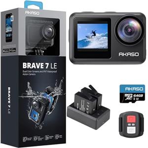 AKASO Brave 7 LE Action Cam 4k30FPS 20MP con Scheda di Memoria U3 da 64GB IPX7 Impermeabile EIS Fotocamera Touch Screen Doppio Schermo Fotocamera Subacquea 40M