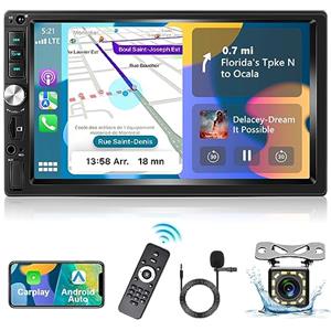 Podofo Autoradio 2 Din con Carplay Android Auto, 7 Pollici Touchscreen Doppio Din Auto Stereo Rradio Bluetooth FM Mirror Link Ricarica Rapida + Fotocamera di Backup e Microfono