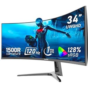 Gawfolk Monitor Ultrawide Da 34 Pollici 1500R Curvo 120Hz Monitor Per Computer Da Gioco, 21:9 UWQHD (3440x1440) schermo,Adaptive Sync,HDR,Angolo di visione 178°,HDMI、Display Port,VESA75×75MM - Nero