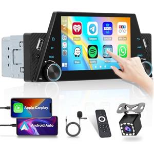 Hikity Autoradio Bluetooth 1 Din con Carplay Android Auto, 5 Pollici Touchscreen 1Din Stereo Auto con Vivavoce Bluetooth FM AUX 2USB Type-C SWC Mirror Link + Telecamera Posteriore