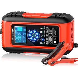 Husgw 10A Caricabatteria da Auto, 12V / 24V 10A Multi Protezioni Carica Batteria Moto,Intelligente Schermo LCD Carica Batterie Completamente Automatico per Moto,Barche, Auto, Batteria AGM/Litio.