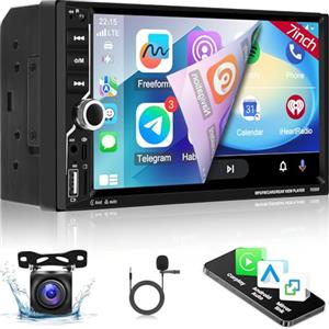 Techschermo Autoradio 2 Din con Wireless Carplay e Android Auto - Radio Auto Touchscreen da 7 pollici con Mirror Link EQ SWC Bluetooth FM Radio AUX TF USB Disk + Telecamera di Backup AHD + Microfono