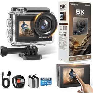 WANNTO 5K Action Cam 40M Fotocamera Subacquea Videocamera 24MP WiFi 170° Grandangolare Doppio Schermo EIS, Touch Screen, con Microfono Esterno, 2x1350mAh Batterie (Con scheda microSD da 64GB)