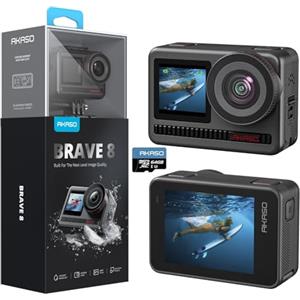 AKASO Brave 8 4K 60FPS Action Cam con Scheda di Memoria MicroSDXC da 64GB, Foto da 48MP Videocamera Subacquea Doppio Touchscreen Grandangolare 16x Slo-mo Stabilizzazione SuperSmooth