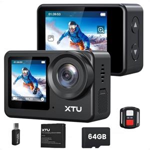 XTU S6 Action Cam 4K 20MP Doppio Schermo, 40M Fotocamera Subacquea con Telecomando Con scheda SD da 64 GB, Action cam moto Super Smooth Anti-Shake, 170°Grandangolo, Con kit di accessori