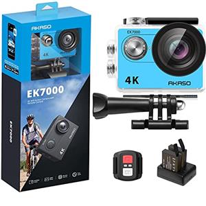 AKASO EK7000 Action Cam 4K 30FPS, WiFi 20MP Fotocamera Subacquea 30M, Videocamera Stabilizzata Caricabatterie con 2 Batterie Angolo di 170° Telecomando 2.4G e Kit Accesorios Multiples (Blu)