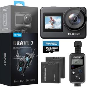 AKASO Brave 7 Action Cam 4K 30FPS 20MP con Scheda di Memoria MicroSDXC U3 da 256GB, IPX8 Fotocamera Subacquea Stabilizzata, Impermeabile Videocamera con Comando Vocale