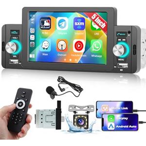 Hikity 5 Pollici Carplay Autoradio 1 Din con Schermo Auto Stereo Bluetooth Vivavoce con Android Auto Mirror Link per iOS/Android FM USB SWC EQ Mic Telecamera