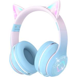 Xunpuls Cuffie Bluetooth per Bambini, Senza-Fili Cuffie Over-Ear, Con orecchie LED, Pieghevole, Con Microfono, Micro SD/TF, HD Stereo, Cuffie ragazze orecchie gatto per scuola/scrivania/PC/TV(blu)