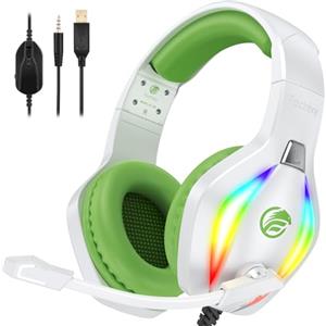 Fachixy FC100 Cuffie Gaming per PS4 PS5 PC Xbox Nintendo Switch, con Luce RGB, con Microfono, Audio Stereo, con Cancellazione Del Rumore con filo - BIANCO VERDE