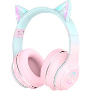 Xunpuls Cuffie Bluetooth per Bambini, Senza-Fili Cuffie Over-Ear, Con orecchie LED, Pieghevole, Con Microfono, Micro SD/TF, HD Stereo, Cuffie ragazze orecchie gatto per scuola/scrivania/PC/TV(rosa)