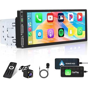 Hikity 1 Din Autoradio con CarPlay Wireless e Android Auto, 6.86 Pollici Schermo Tattile Radio Stereo 1 Din con Telecamera Posteriore Impermeabile Bluetooth FM USB EQ SWC Mirror Link + MIC