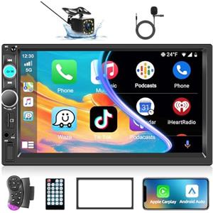 Podofo Autoradio 2 Din con Carplay e Android Auto, 7 Pollici Doppio Din Auto Radio Stereo con Bluetooth/Collegamento a Specchio/Radio FM/Comando al Volante + Telecamera per Retromarcia e Telaio