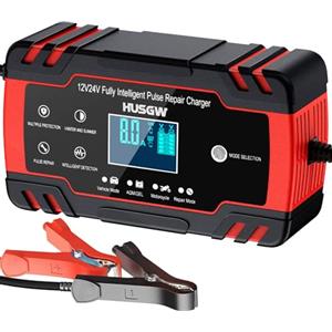 Husgw 8A Caricabatteria da Auto, 12V / 24V 8A Carica Batteria Moto Multi Protezioni e Mantenitore,Intelligente Schermo LCD Carica Batterie Completamente Automatico per Moto,Barche, Auto, Batteria AGM.