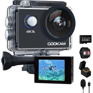 GOOKAM 4K Action Cam 20MP WiFi con Scheda di Memoria MicroSDXC da 64GB, Fotocamera Subacquea Impermeabile 40M Videocamera Schermo 2 Pollici 170 gradi Grandangolare 2 batterie e Accessori