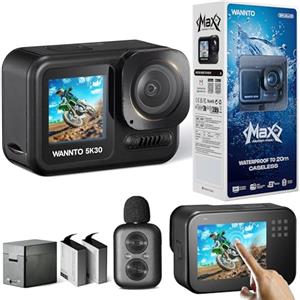 WANNTO Action cam Motion Max 5K 30MP,IPX8 20M Corpo Impermeabile videocamera subacquea WiFi EIS Touch Screen, con 2in1 Senza Fili Microfono Controllo Remoto (Motion Max)