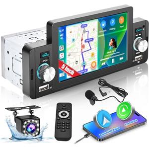 Hikity Autoradio 1 Din Carplay Android Auto 5 Pollici Schermo Stereo Auto Touchscreen con Bluetooth 5.1, Comandi al Volante, Mirror Link, FM, USB, Microfono, Telecamera Posteriore